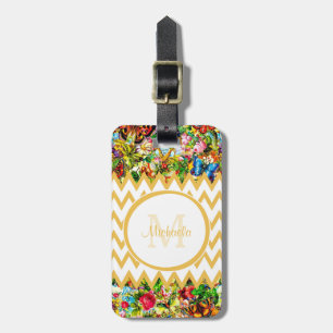 Mod Yellow Chevron Vintage Floral Monogrammed Name Luggage Tag