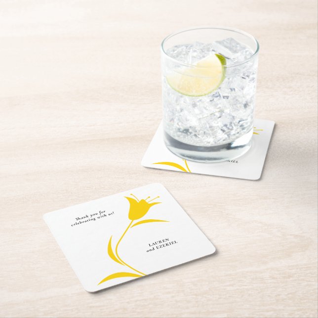 MOD YELLOW TULIP WEDDING SQUARE PAPER COASTER (Insitu)