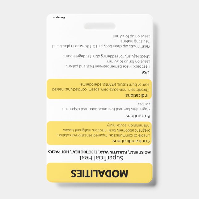 Modalities (Hot/Cold) Badge Card Reference  ID Badge (Front)
