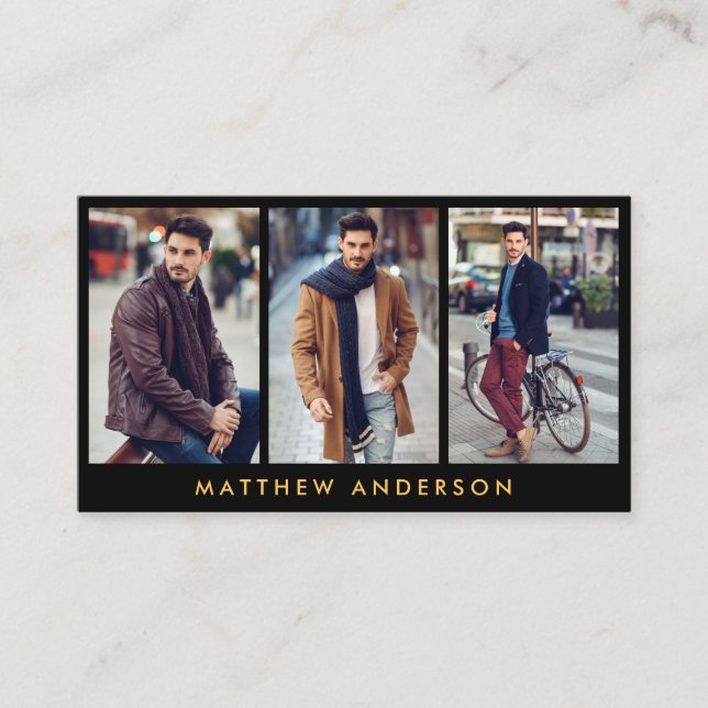 Model Actor 3 Photo Business Card Gold Black (Front)