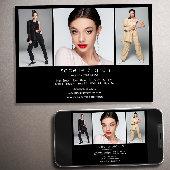 Model Actor 3 Photo Comp Card Template 5x7 Black (Available in high quality print or digital download for quick messaging, email or self printing.)