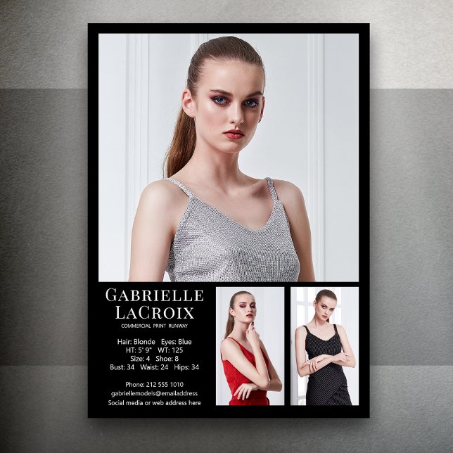 Model Actor 3 Photo Comp Card Template 5x7 Black (Available in print or instant digital download for quick messaging, email or self printing.)