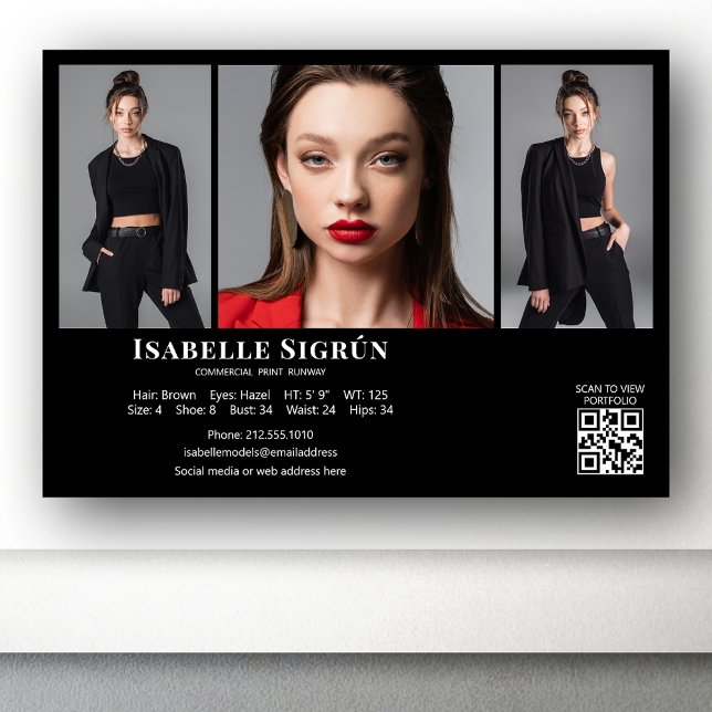 Model Actor 3 Photo Comp Card Template 5x7 Black (Available in high quality print or digital download for quick messaging, email or self printing.)