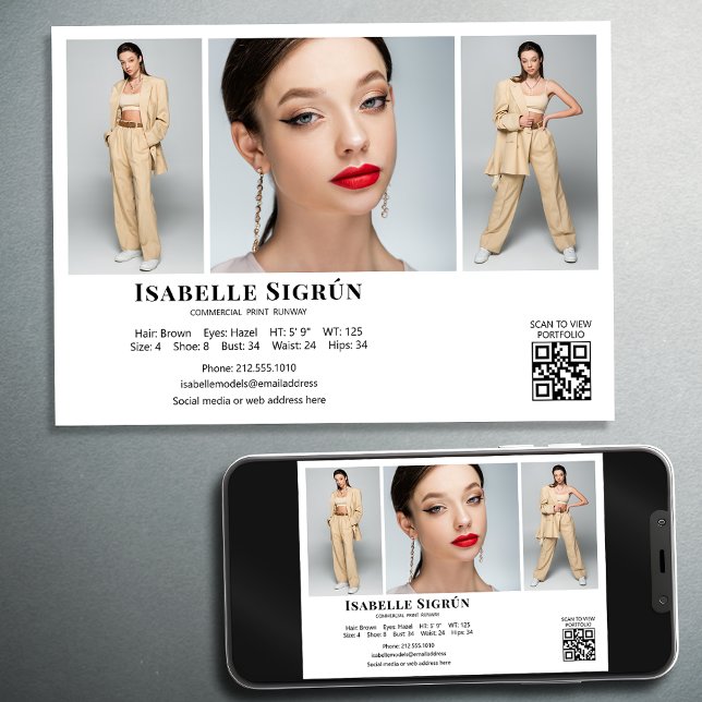 Model Actor 3 Photo Comp Card Template 5x7 White (Available in high quality print or digital download for quick messaging, email or self printing.)