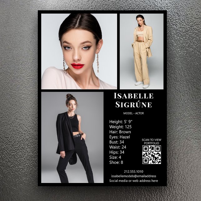 Model Actor 3 Photo Comp Card Template Black QR (Available in print or instant digital download for quick messaging, email or self printing.)