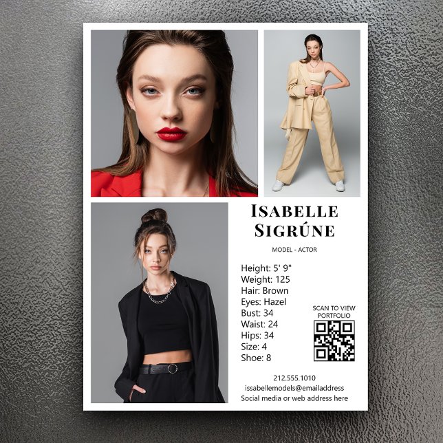 Model Actor 3 Photo Comp Card Template White QR (Available in print or instant digital download for quick messaging, email or self printing.)