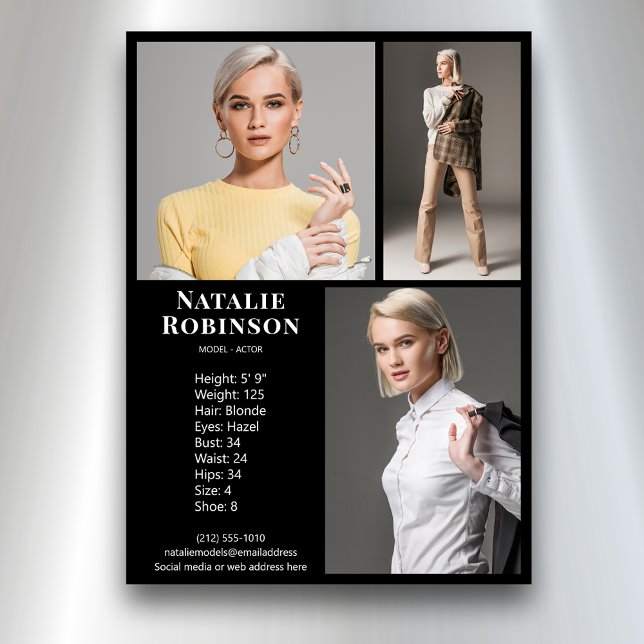 Model Actor 3 Photo Pro Comp Card Template Black (Available in print or instant digital download for quick messaging, email or self printing.)
