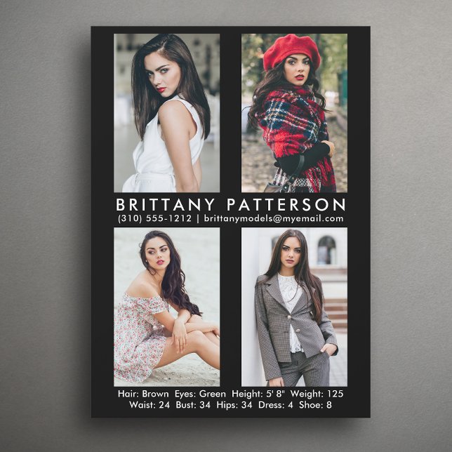 Model Actor 4 Photo Comp Card 5x7 Black (Available in high quality print or digital download for quick messaging, email or self printing.)