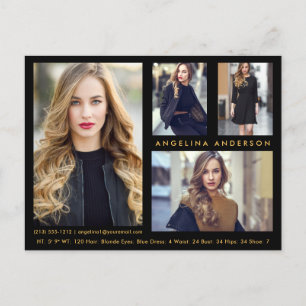 Model Actor 4 Photo Comp Card Black Gold Postcard