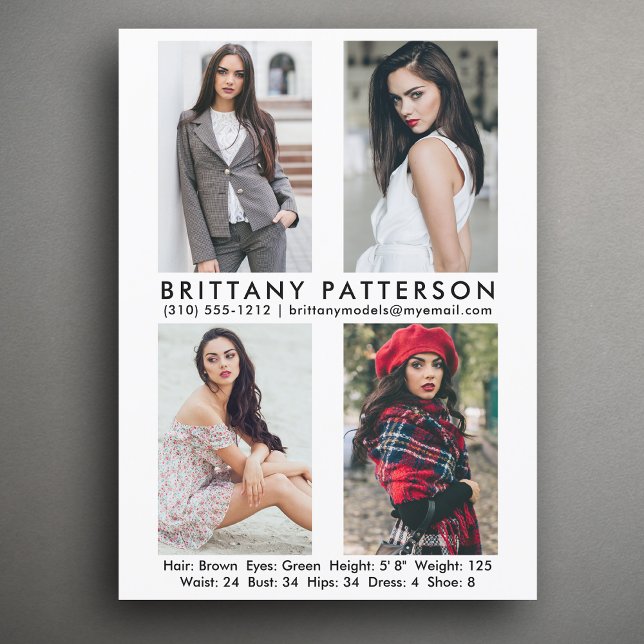 Model Actor 4 Photo Pro Comp Card White (Available in high quality print or digital download for quick messaging, email or self printing.)