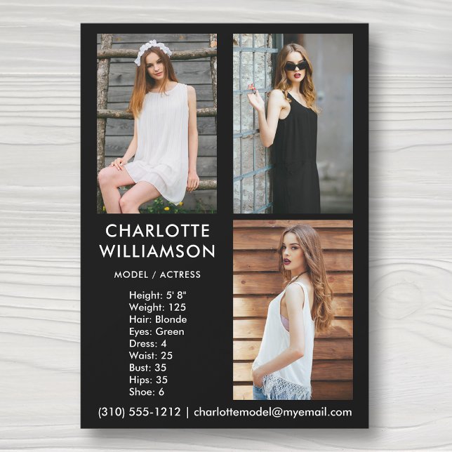 Model Actor 5x7 Comp Card 3 Photo Black (Available in high quality print or digital download for quick messaging, email or self printing.)