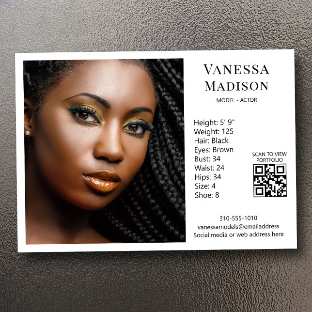 Model Actor 5x7 Photo Card Template QR White (Available in print or instant digital download for quick messaging, email or self printing.)