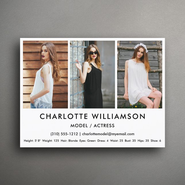 Model Actor Comp Card 3 Photo White Postcard (Available in high quality print or digital download for quick messaging, email or self printing.)