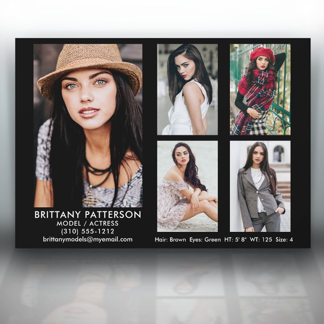Model Actor Comp Card 5 Photo 5x7 Blk (Available in high quality print or digital download for quick messaging, email or self printing.)