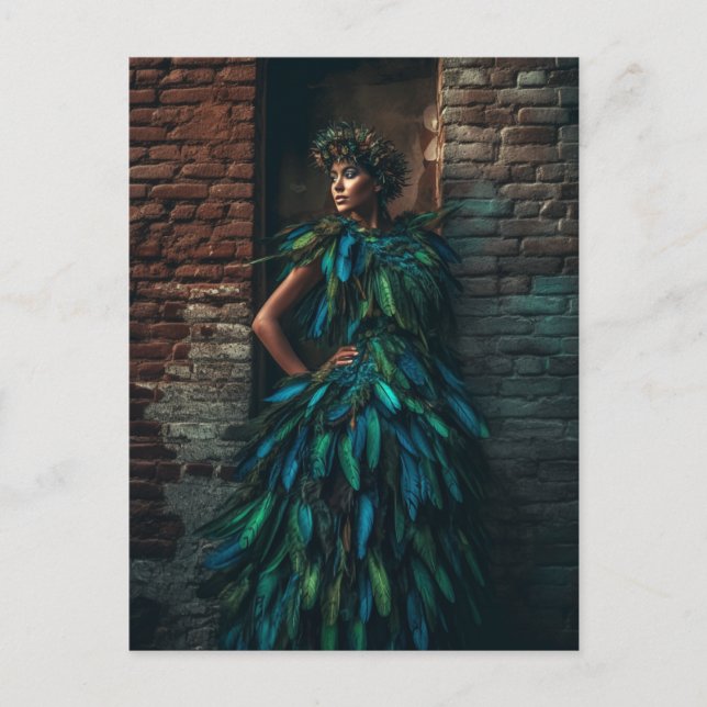 Model in a Green Feather Dress Poses against Brick Postcard (Front)