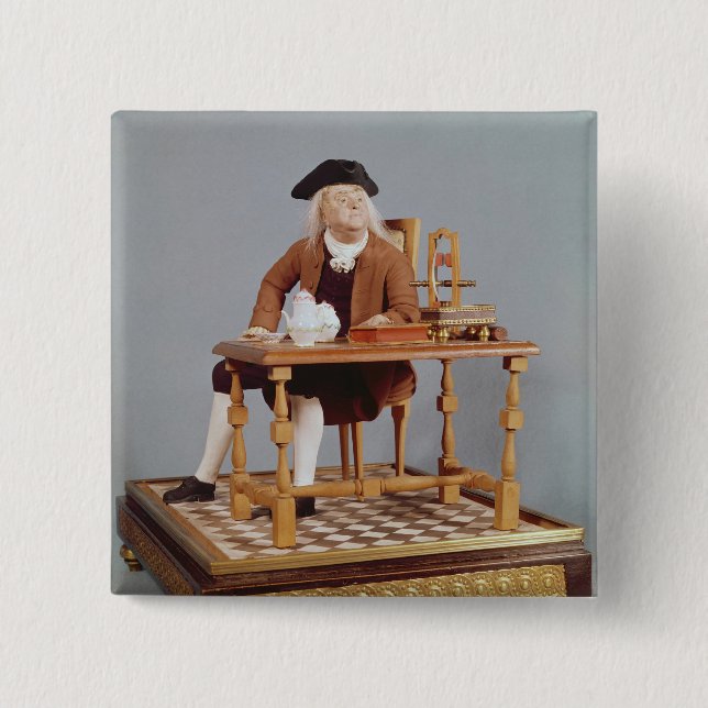 Model of Benjamin Franklin  at his table 15 Cm Square Badge (Front)