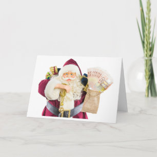 Model of Santa Claus with bell gifts and money Holiday Card