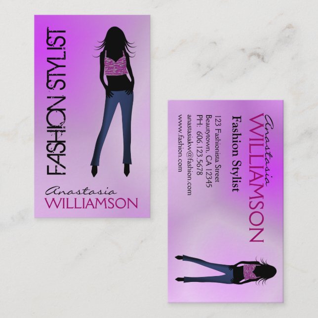 Model Wearing Blue Jeans Purple Fashion Stylist Business Card (Front/Back)