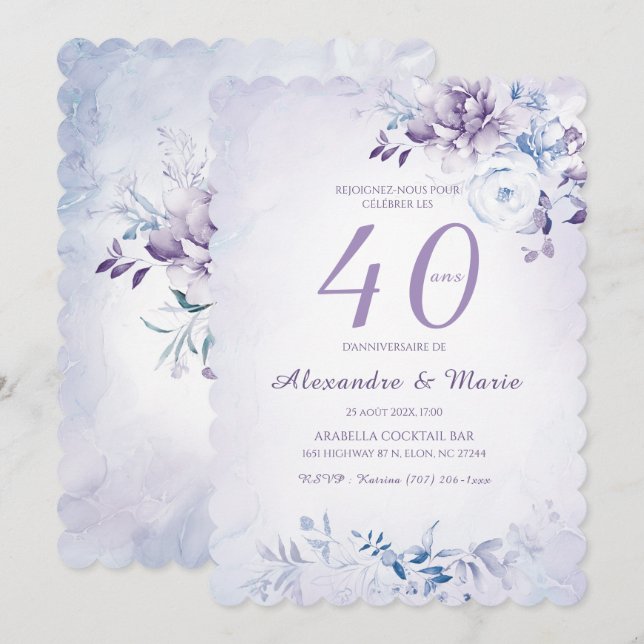 Modèle Anniversaire 40 ans Couleur Lavande Invitation (Front/Back)