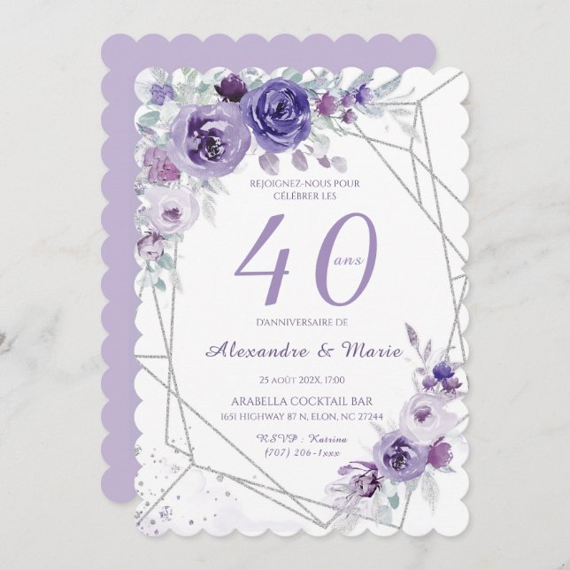 Modèle Anniversaire 40 ans Couleur Lavande Invitation (Front/Back)