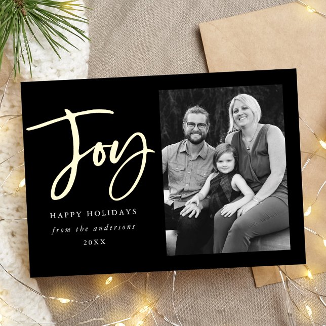 Moden Joy Script Black Photo Foil Holiday Card (Creator Uploaded)