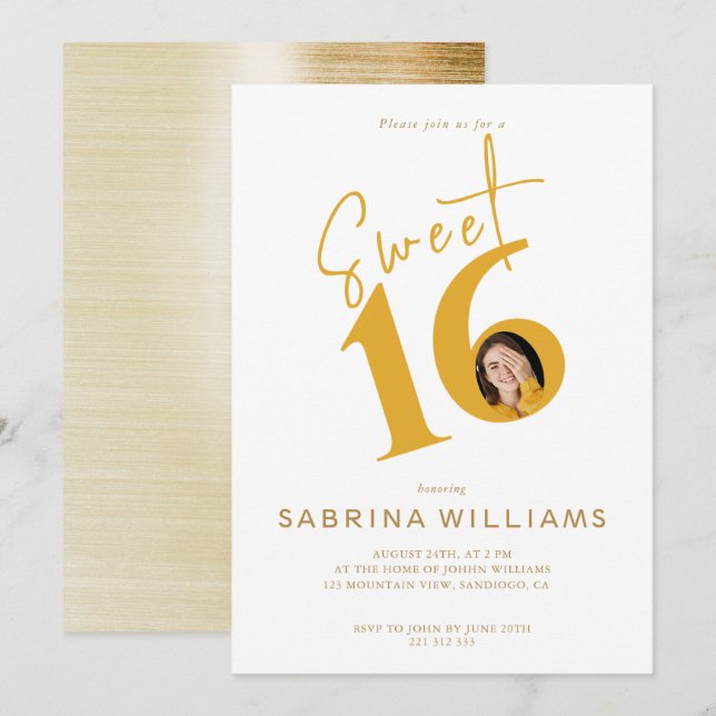 Moden Stylish Gold Script Sweet Sixteen Birthday Invitation (Front/Back)
