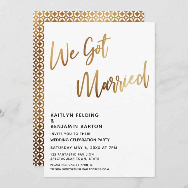 Moden We Got Married Gold Handwriting Reception Invitation (Front/Back)