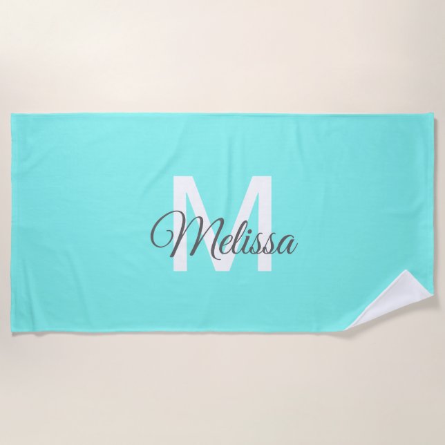 moder chic minimalist monogram turquoise aqua blue beach towel (Front)