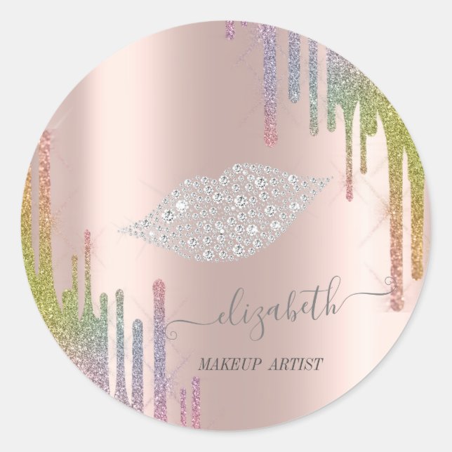 Moder Diamonds Lips,Rose Gold Rainbow Drips  Classic Round Sticker (Front)