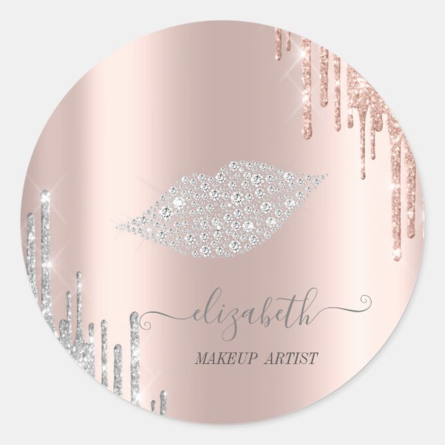 Moder Diamonds Lips,Rose Gold Silver Drips Classic Classic Round Sticker (Front)