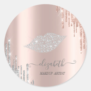 Moder Diamonds Lips,Rose Gold Silver Drips Classic Round Sticker