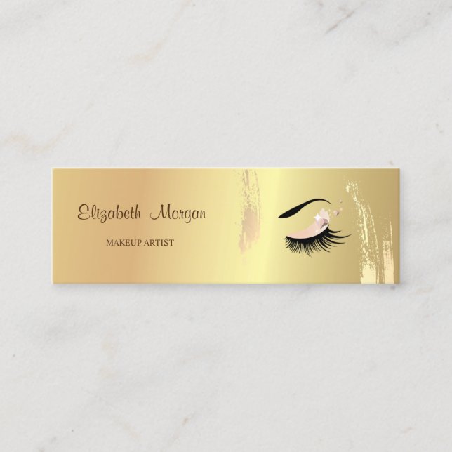 Moder Elegant, Gold Brush Stroke, Lashes, Makeup Mini Business Card (Front)