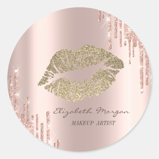 Moder Glittery Lips,Rose Gold Drips Classic Round Sticker (Front)
