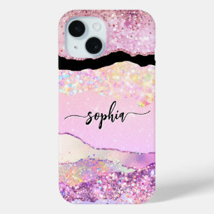 Moder rose gold glitter agate pink girly iPhone 15 case