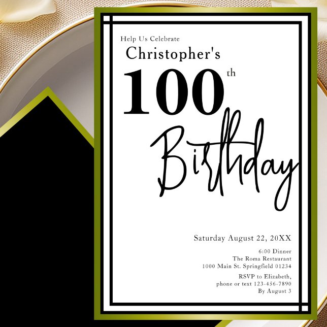 Modern 100th Birthday Invitation Black Gold (Creator Uploaded)