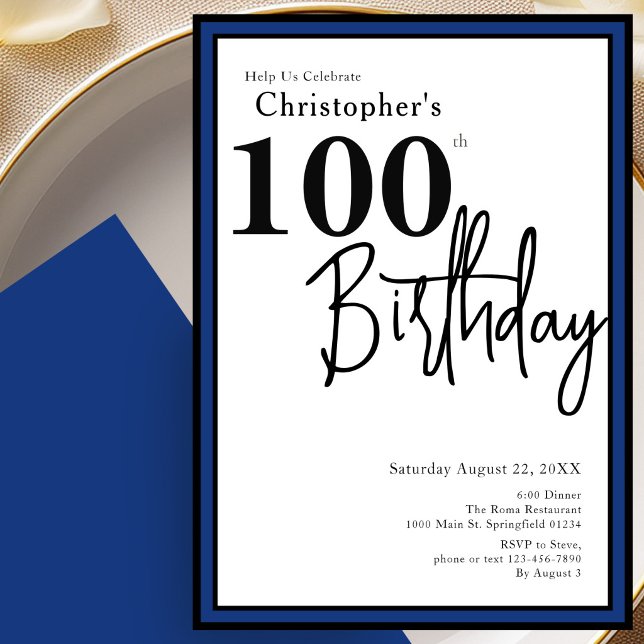 Modern 100th Birthday Invitation Elegant Blue (Creator Uploaded)