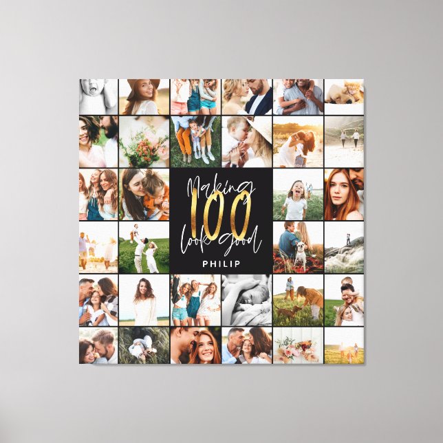 Modern 100th birthday multi photo script gift   canvas print (Front)