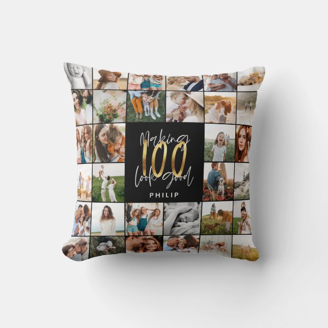 Modern 100th birthday multi photo script gift cushion (Front)