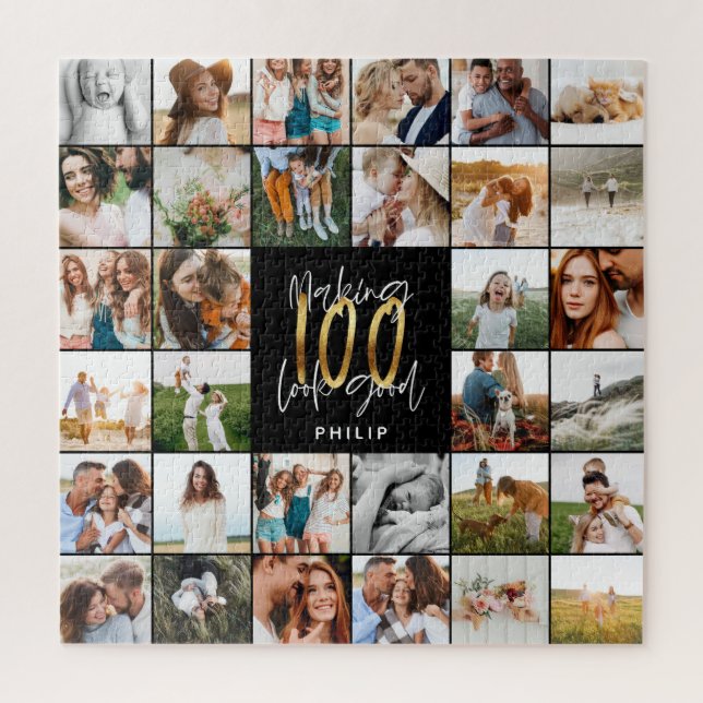 Modern 100th birthday multi photo script gift jigsaw puzzle (Vertical)