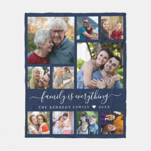 Modern 10 Photo Collage Family Name Quote Blue Fleece Blanket