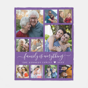 Modern 10 Photo Collage Family Name Quote Purple Fleece Blanket