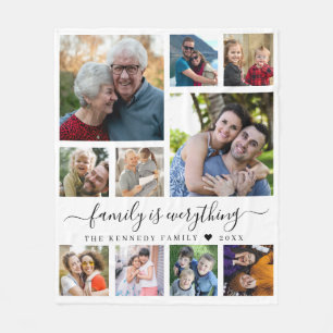 Modern 10 Photo Collage Family Name Quote White Fleece Blanket