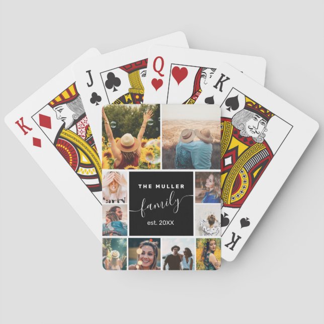 Modern 10 photo collage grid love family script playing cards (Back)