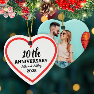 Modern 10th Anniversary Custom Photo Red Heart Ceramic Tree Decoration