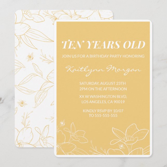 Modern 10th birthday invitations Floral Yellow (Front/Back)