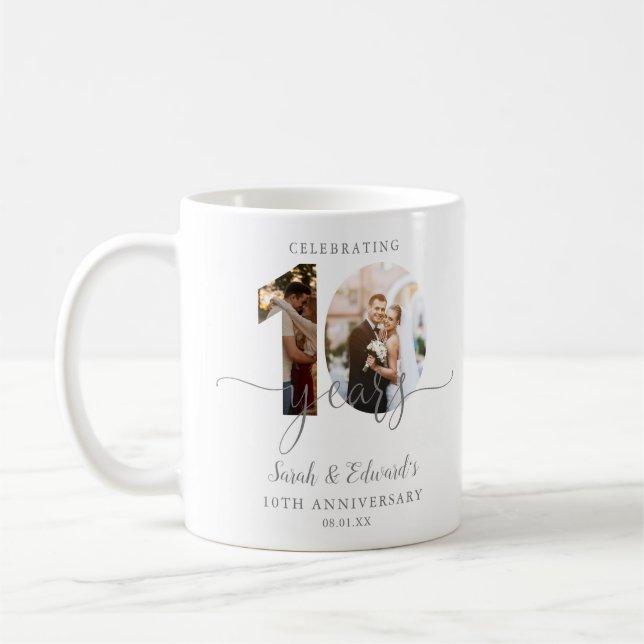 Modern 10th Wedding Anniversary 2 Photo Coffee Mug (Left)