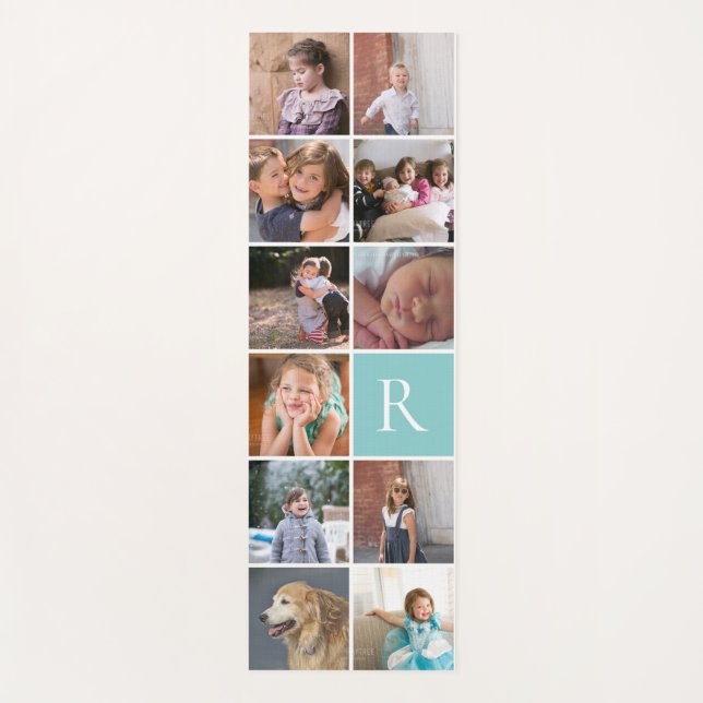 Modern 11 photo collage and monogram aqua yoga mat (Front)