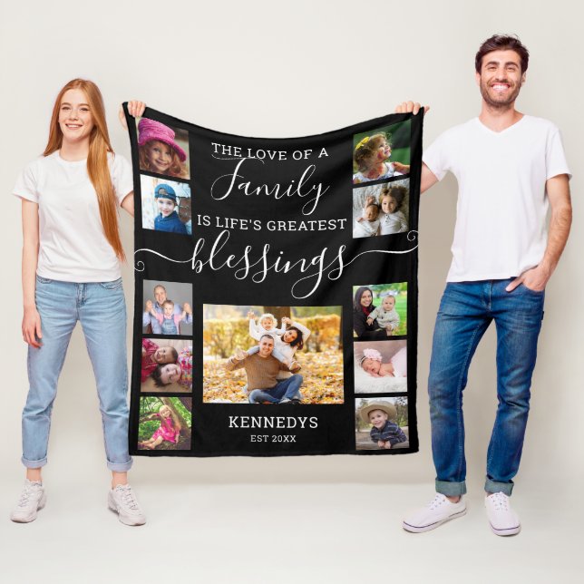 Modern 11 Photo Collage Family Love Quote  Black Fleece Blanket (In Situ)