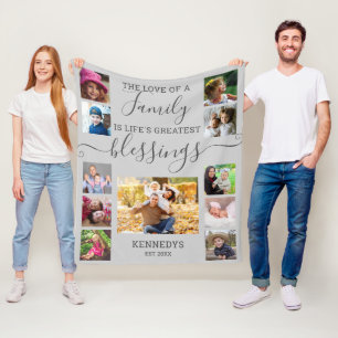 Modern 11 Photo Collage Family Love Quote Grey Fleece Blanket