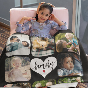 Modern 11 photo collage family script personalised fleece blanket